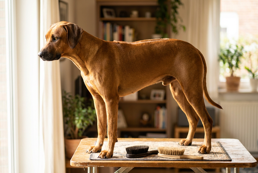 Rhodesian Ridgeback being groomed, showing the short wheaten coat with the distinctive reverse-growing dorsal ridge texture