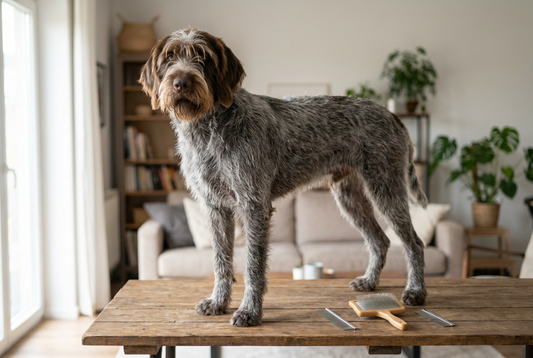 Wirehaired Pointing Griffon being groomed, showing the harsh wiry steel-gray coat with brown markings, bushy mustache and eyebrows texture