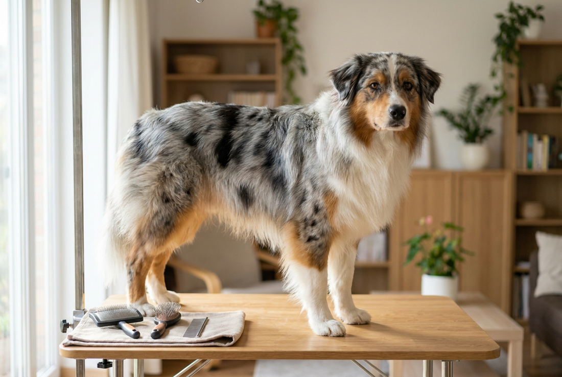 Australian Shepherd being groomed, showing the medium-length blue merle or red merle with white markings texture