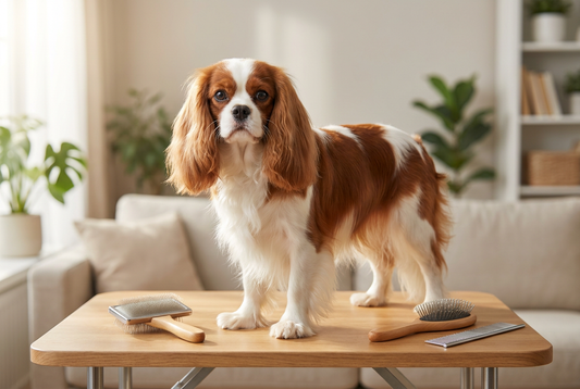 Cavalier King Charles Spaniel being groomed, showing the silky medium-length Blenheim (chestnut-and-white) coat with feathered ears texture
