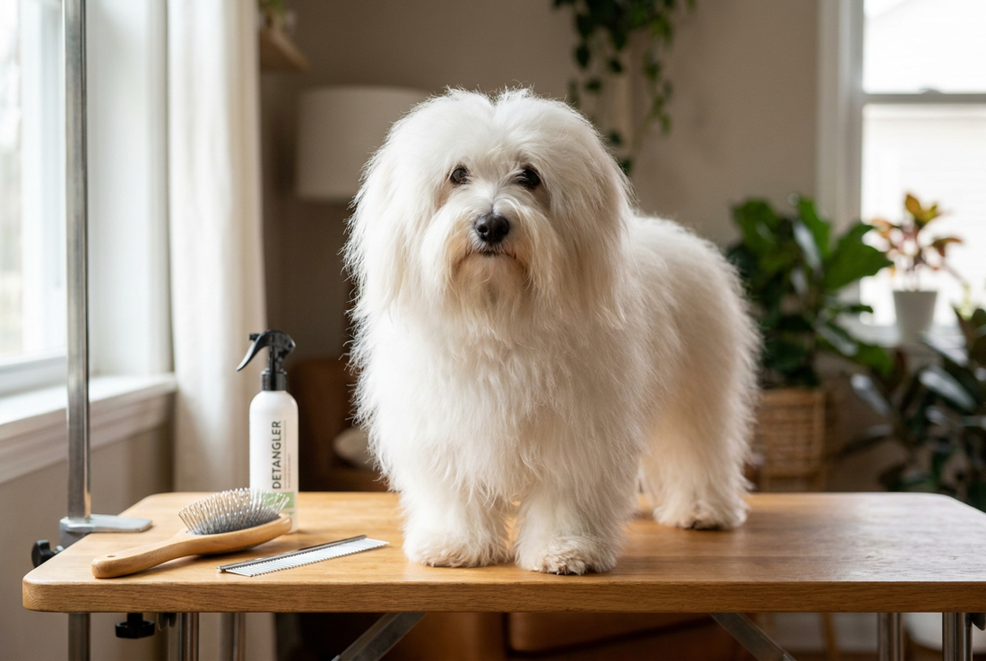 Coton de Tulear being groomed, showing the long cotton-soft pure white coat texture