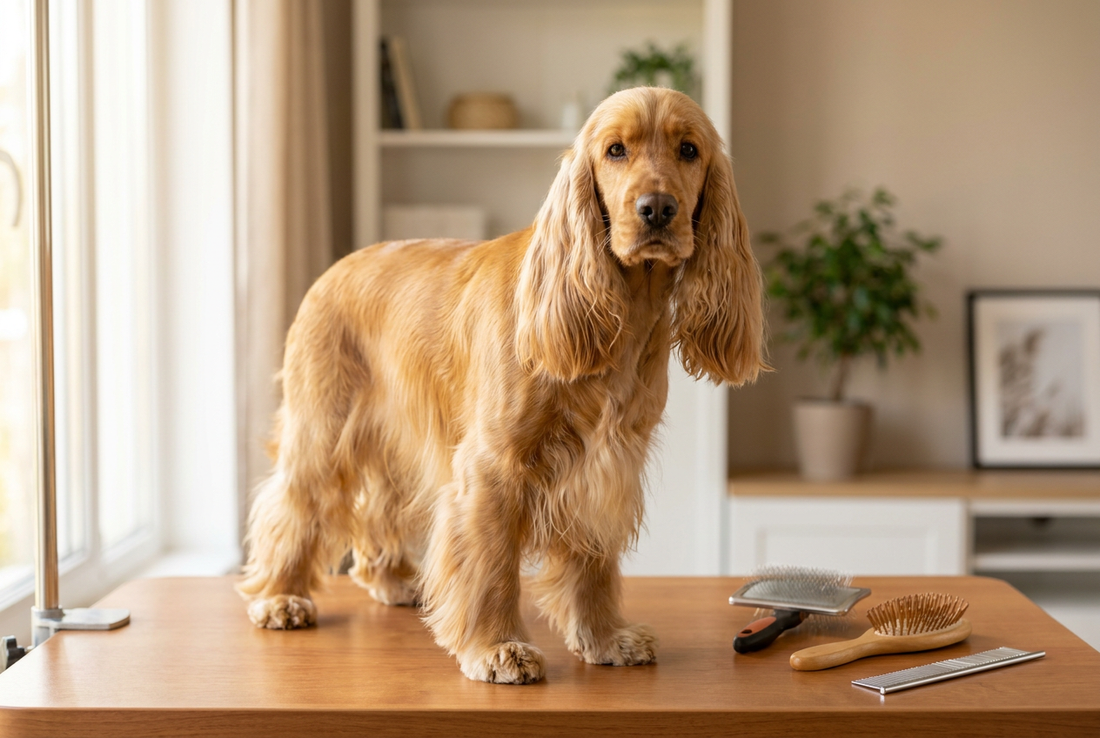 Cocker Spaniel being groomed, showing the silky golden flowing coat with feathered long ears texture