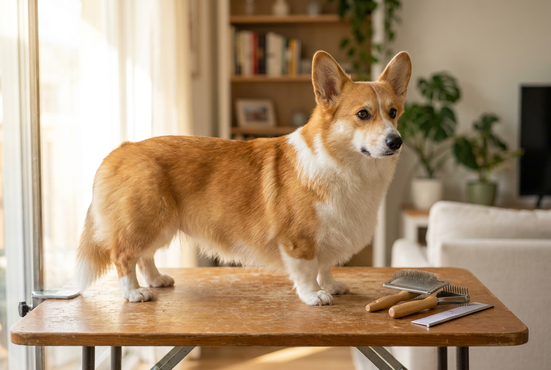 Pembroke Welsh Corgi being groomed, showing the medium-length red-and-white double coat, long-bodied with very short legs texture