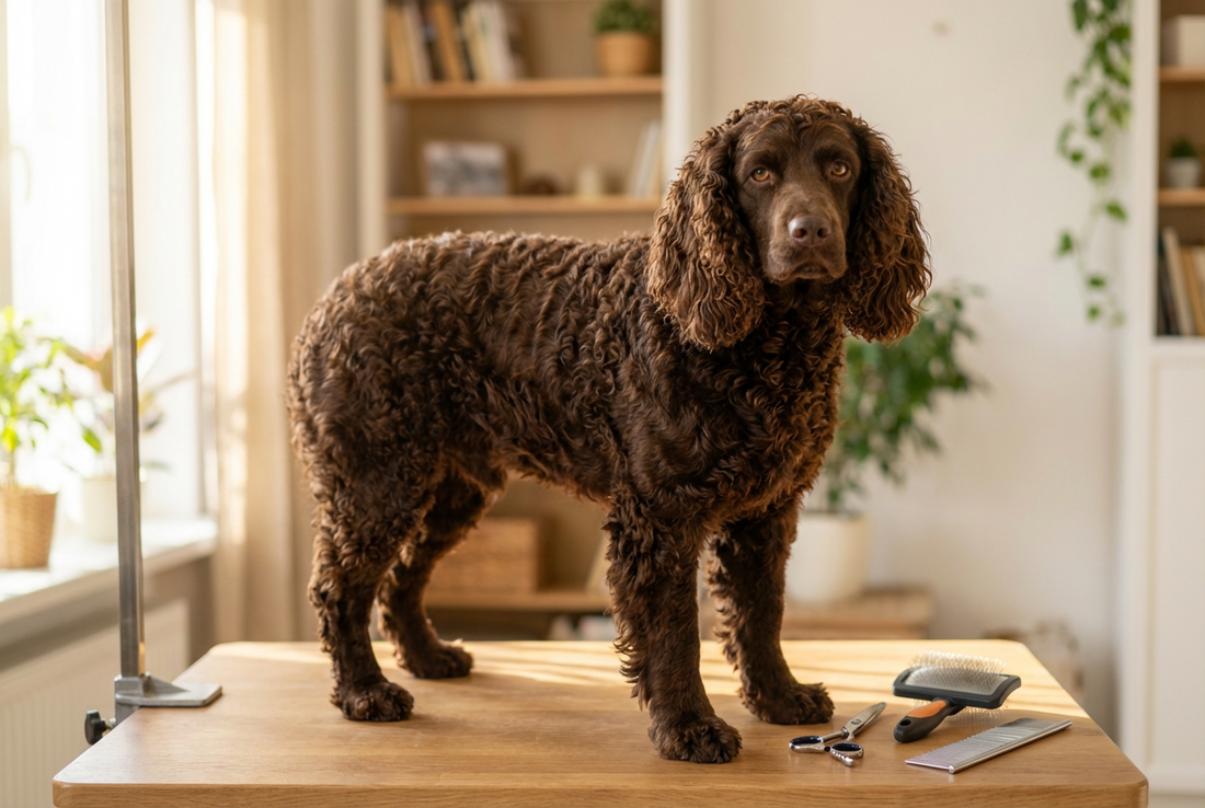 American Water Spaniel being groomed, showing the tight wavy liver-brown curls texture