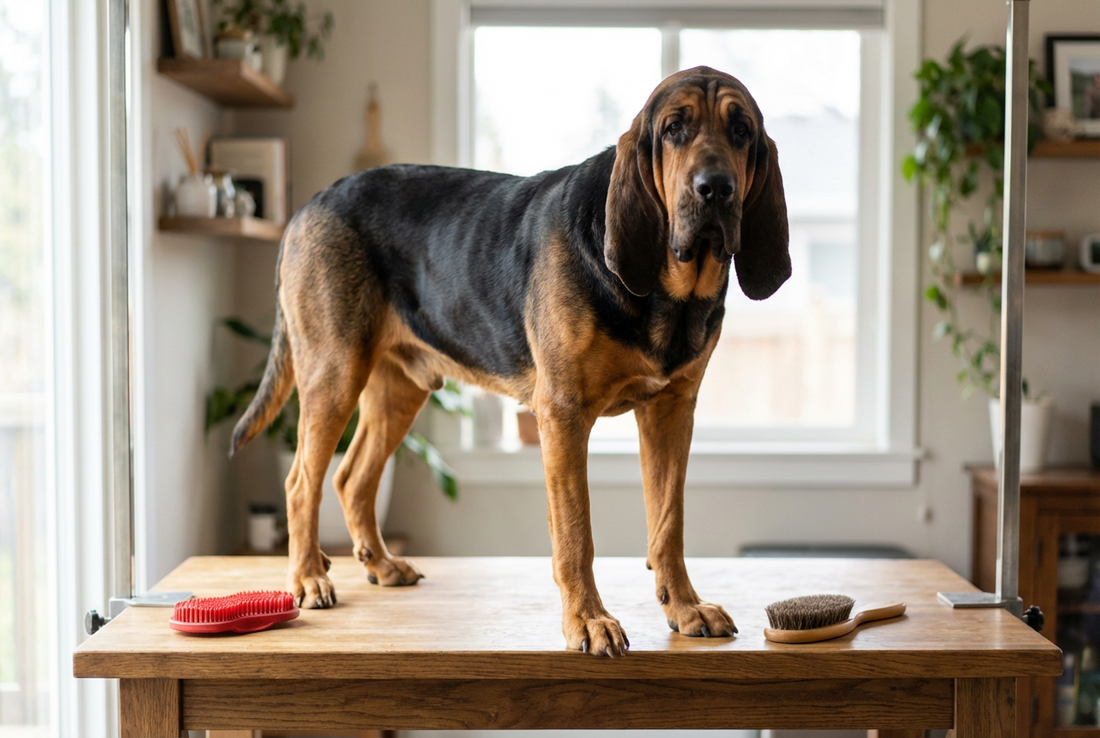 Bloodhound being groomed, showing the short black-and-tan coat with extraordinarily loose wrinkled skin texture