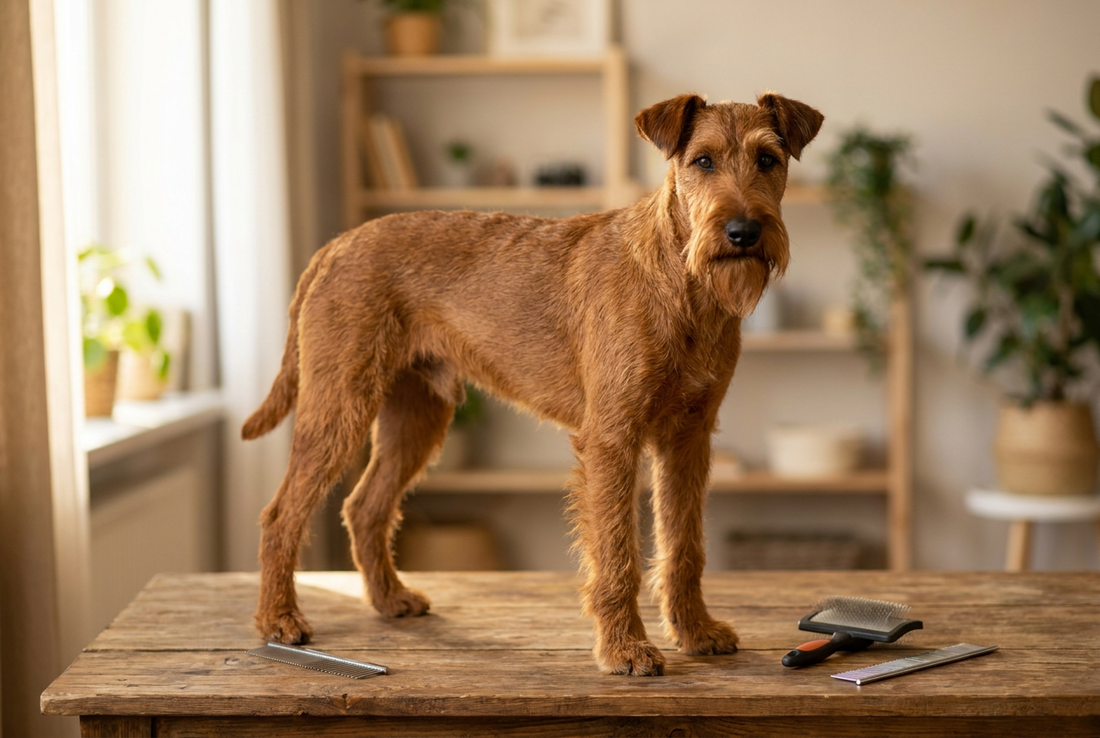 Irish Terrier being groomed, showing the harsh wiry rich red coat with beard and eyebrows texture