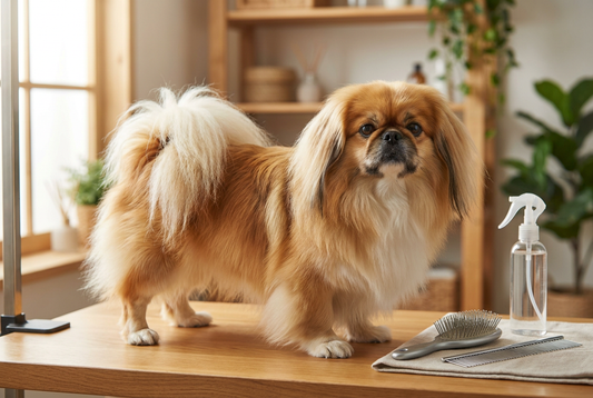 Pekingese being groomed, showing the long flowing thick gold-and-white double coat with lion-like mane and flat brachycephalic face texture