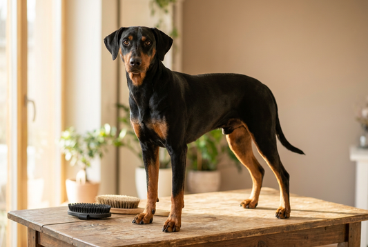 German Pinscher being groomed, showing the short sleek black-and-rust coat, square athletic frame texture