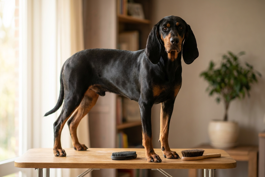 Black and Tan Coonhound being groomed, showing the short glossy black-and-tan coat with long pendulous ears texture