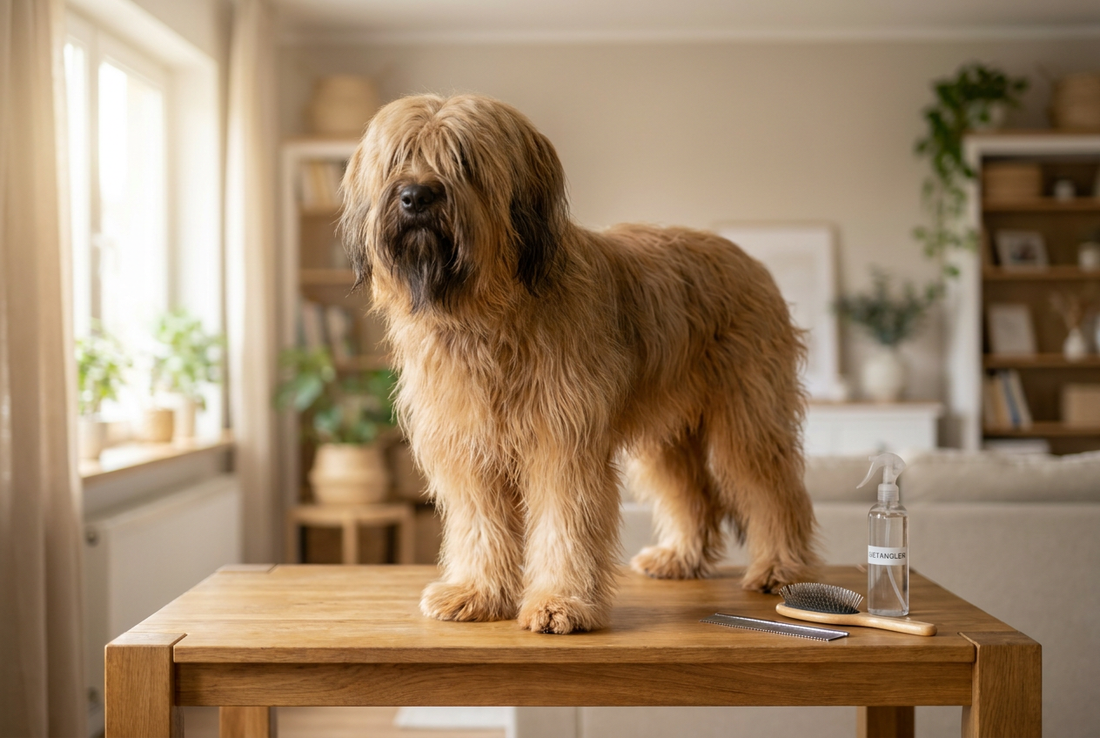 Briard being groomed, showing the long flowing tawny double coat with shaggy beard and eyebrows covering the eyes texture