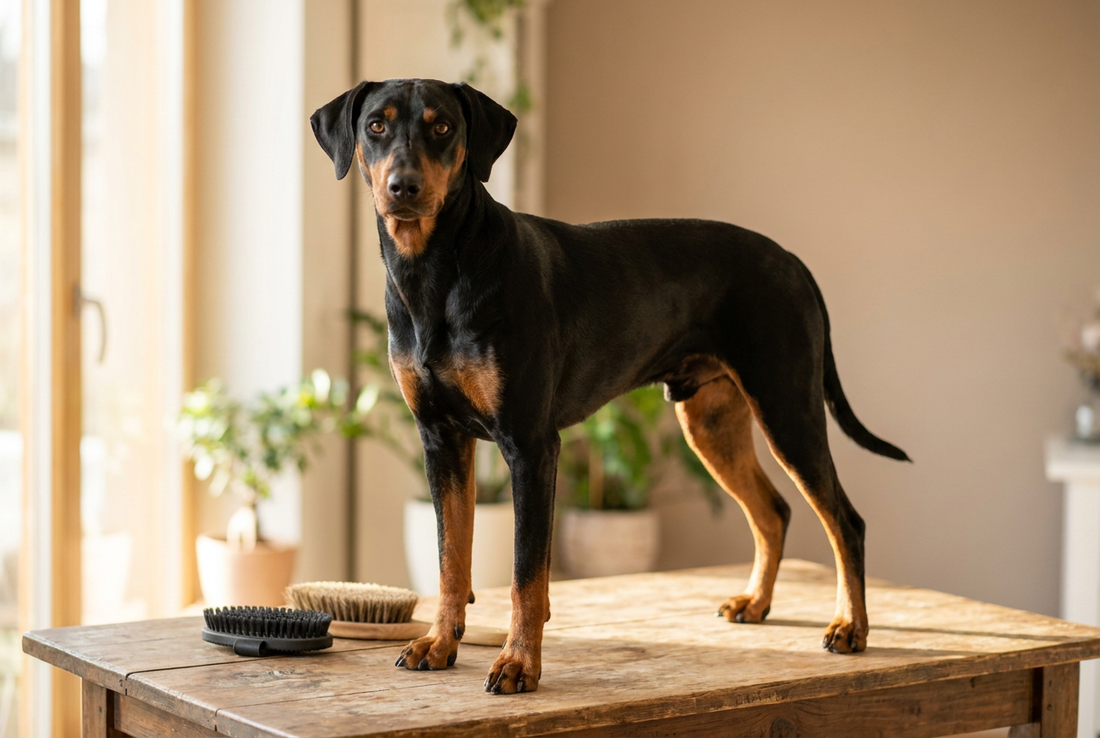 German Pinscher being groomed, showing the short sleek black-and-rust coat, square athletic frame texture