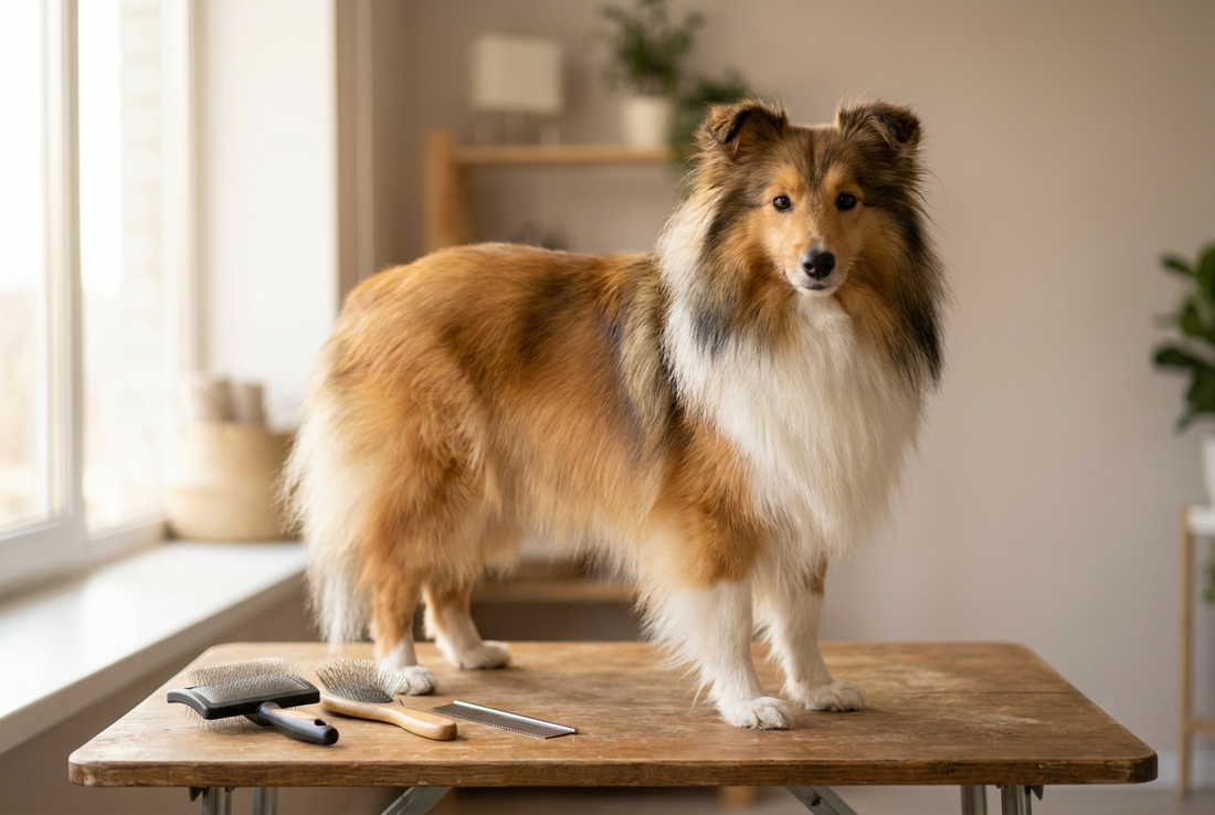Shetland Sheepdog being groomed, showing the long sable-and-white double coat with mane and frill (miniature collie look) texture
