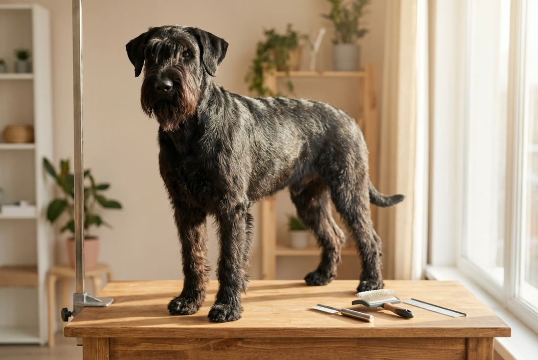Giant Schnauzer being groomed, showing the harsh wiry black or salt-and-pepper coat with prominent beard and bushy eyebrows, large powerful frame texture