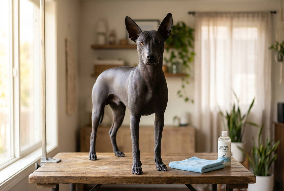 Xoloitzcuintli being groomed, showing the smooth dark gray-black hairless skin with almond eyes and bat-like ears (hairless variety) texture
