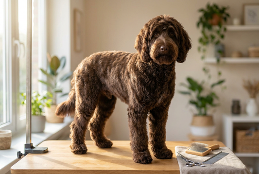 Labradoodle being groomed, showing the soft fleece-or-wool wavy chocolate coat texture
