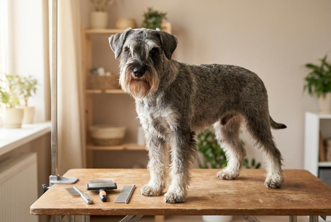 Standard Schnauzer being groomed, showing the harsh wiry salt-and-pepper coat with prominent beard and bushy eyebrows texture