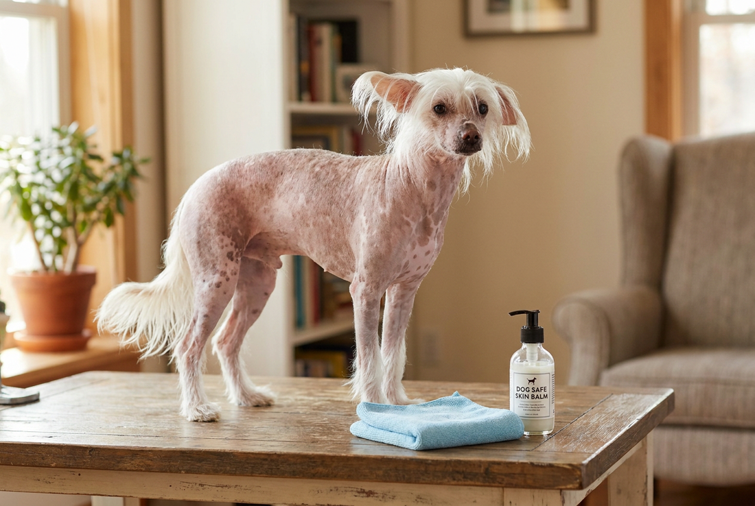 Chinese Crested being groomed, showing the smooth pinkish hairless skin with feathered crest, ankle plumes, and plumed tail (hairless variety) texture