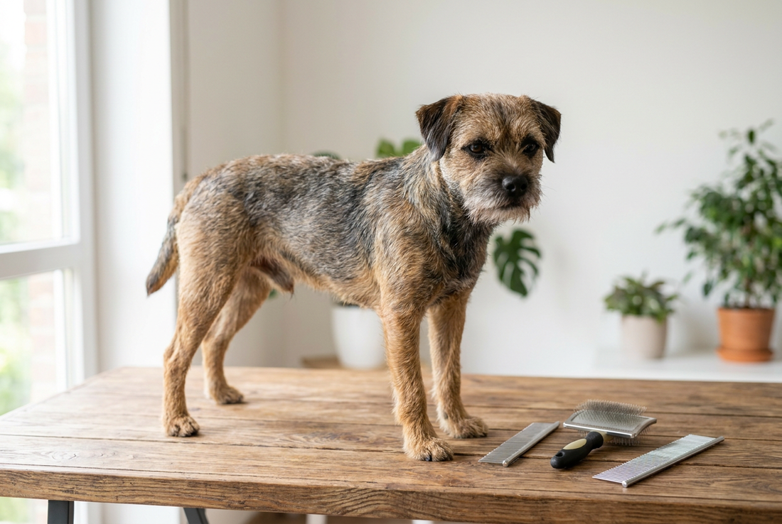 Border Terrier being groomed, showing the harsh wiry grizzle-and-tan coat with otter-like head texture