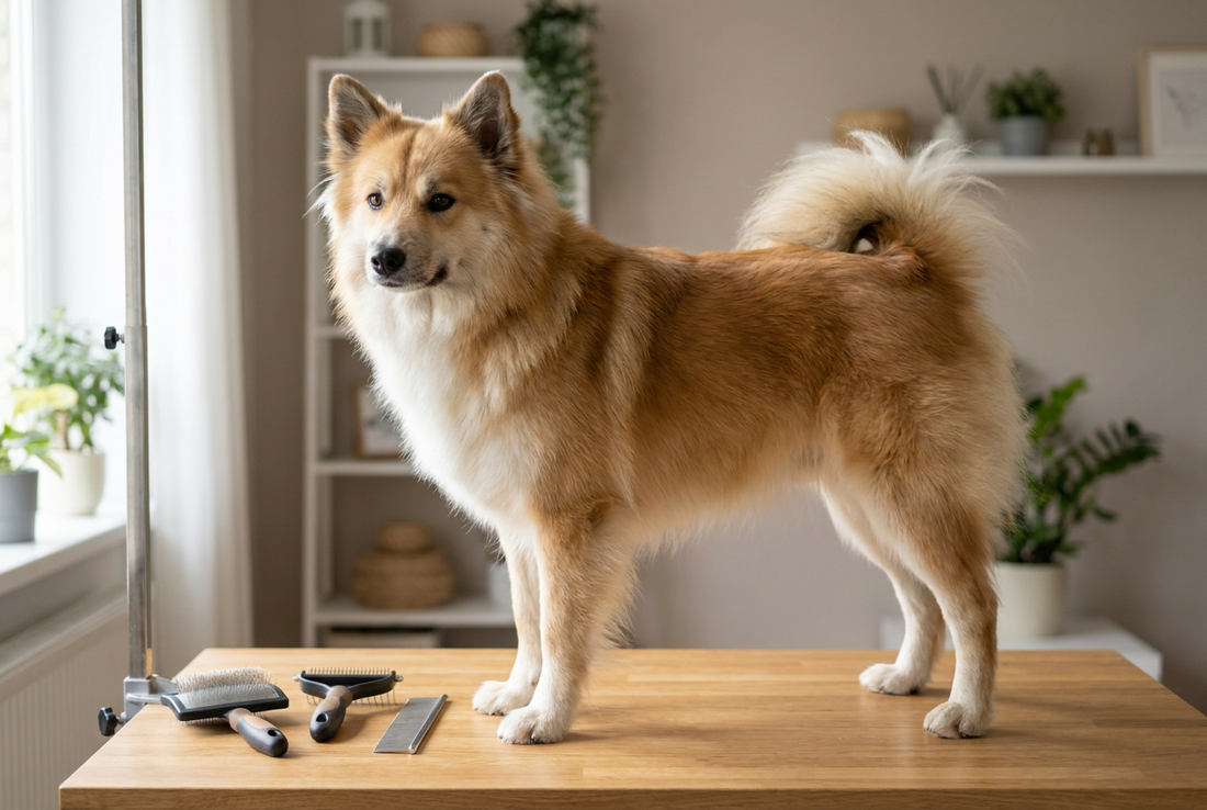Icelandic Sheepdog being groomed, showing the thick tan-and-white double coat with curled tail, spitz-type build texture