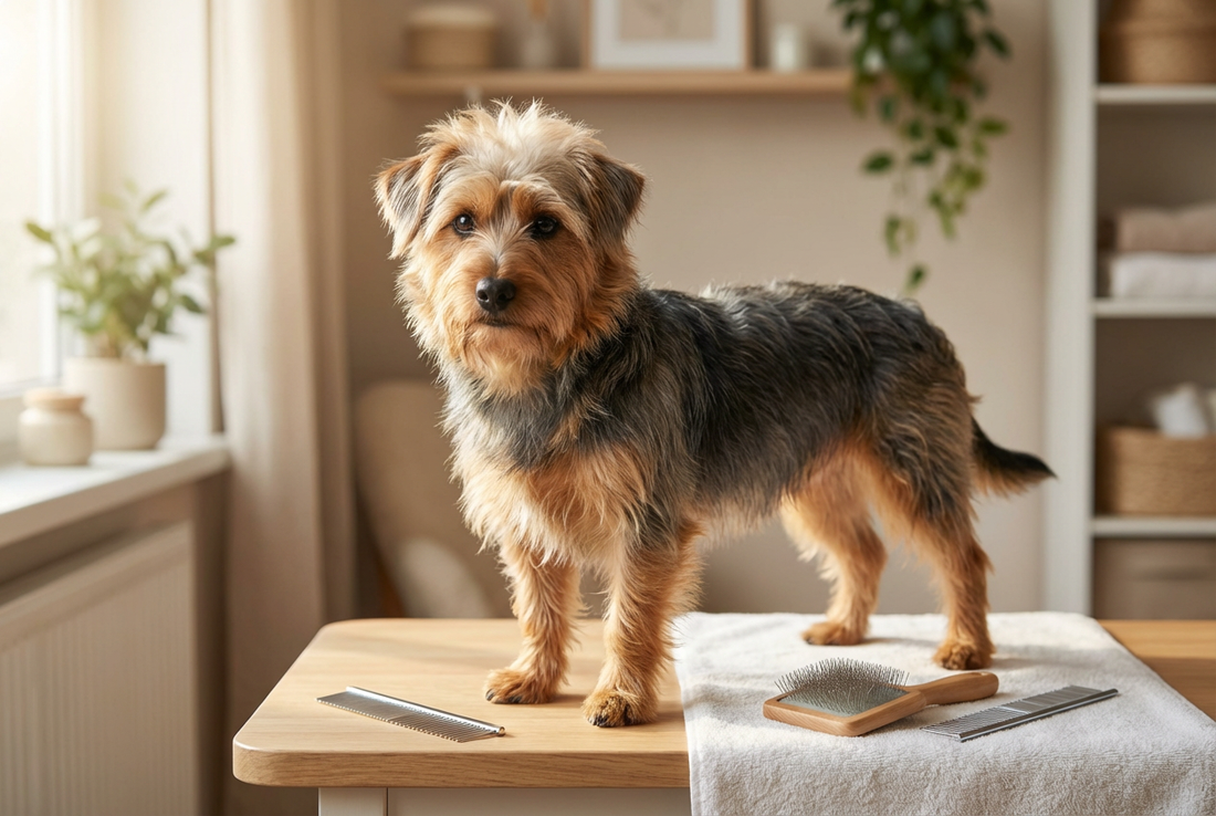 Australian Terrier being groomed, showing the harsh wiry blue-and-tan coat with a soft topknot texture