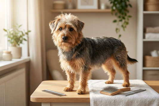 Australian Terrier being groomed, showing the harsh wiry blue-and-tan coat with a soft topknot texture
