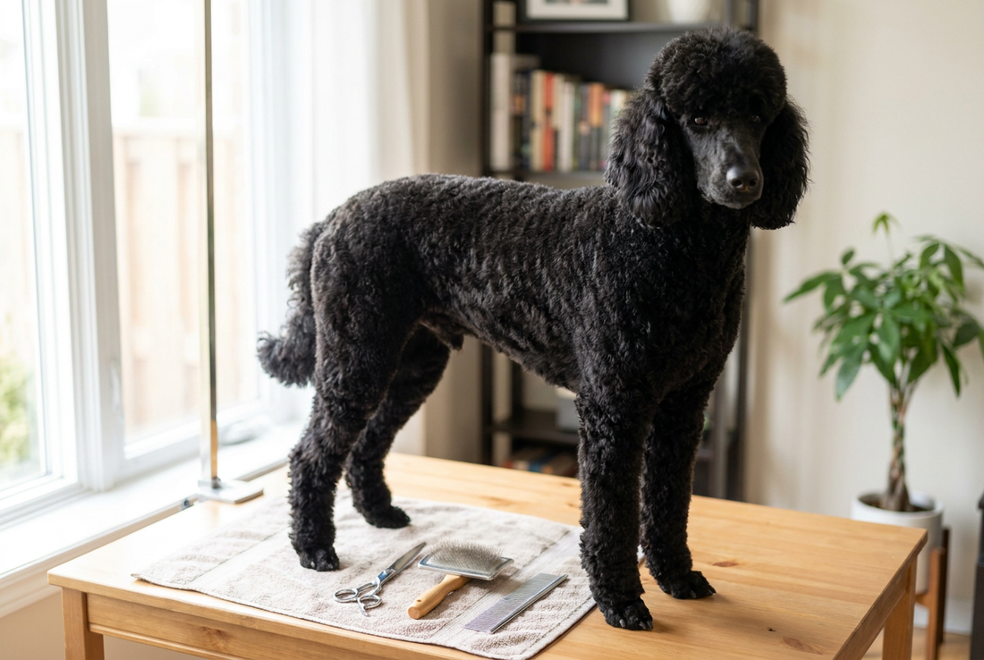 Standard Poodle being groomed, showing the dense black curly coat in an elegant continental or sporting clip texture