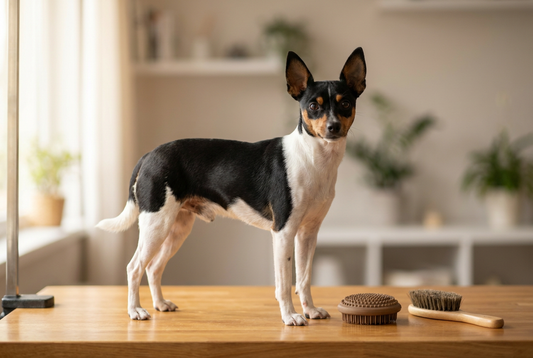 Toy Fox Terrier being groomed, showing the short tricolor (black, white, tan) toy frame texture