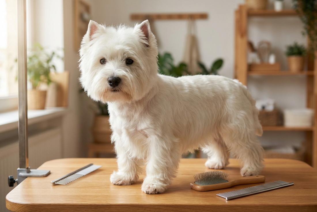 West Highland White Terrier being groomed, showing the hard dense pure white double coat with a full-face mane texture