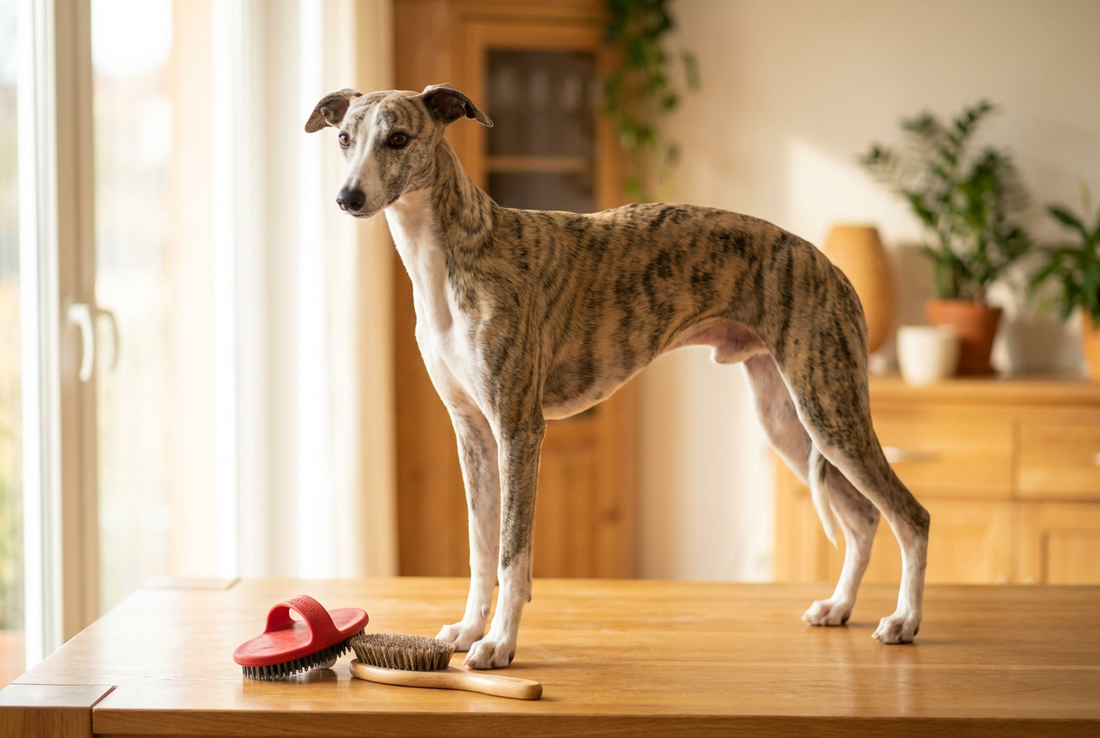 Whippet being groomed, showing the very short smooth brindle-and-white coat, lean aerodynamic frame texture
