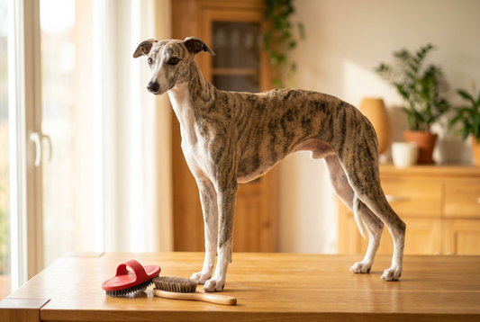 Whippet being groomed, showing the very short smooth brindle-and-white coat, lean aerodynamic frame texture