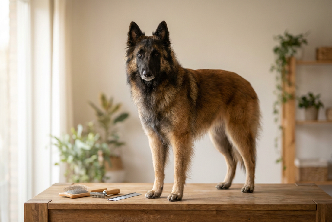 Belgian Tervuren being groomed, showing the long mahogany-fawn double coat with black overlay and feathering texture