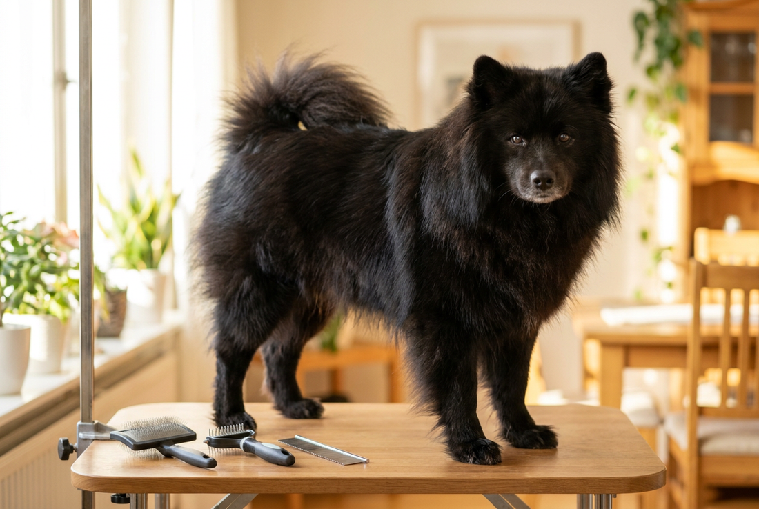 Finnish Lapphund being groomed, showing the thick long black double coat with profuse ruff and curled tail texture