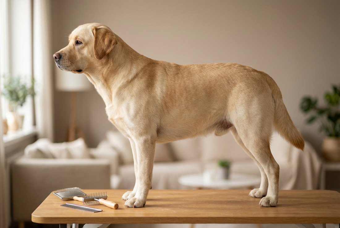 Labrador Retriever being groomed, showing the short dense yellow water-resistant double coat with otter tail texture