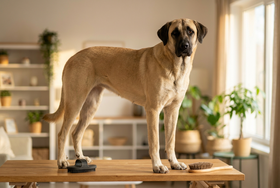 Anatolian Shepherd Dog being groomed, showing the short fawn coat with a black mask, large athletic frame texture