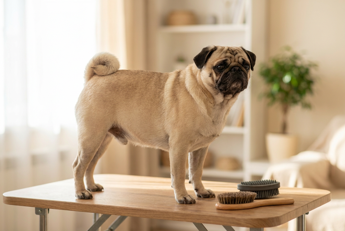 Pug being groomed, showing the short smooth fawn coat with deep wrinkles and curled tail, brachycephalic flat face texture