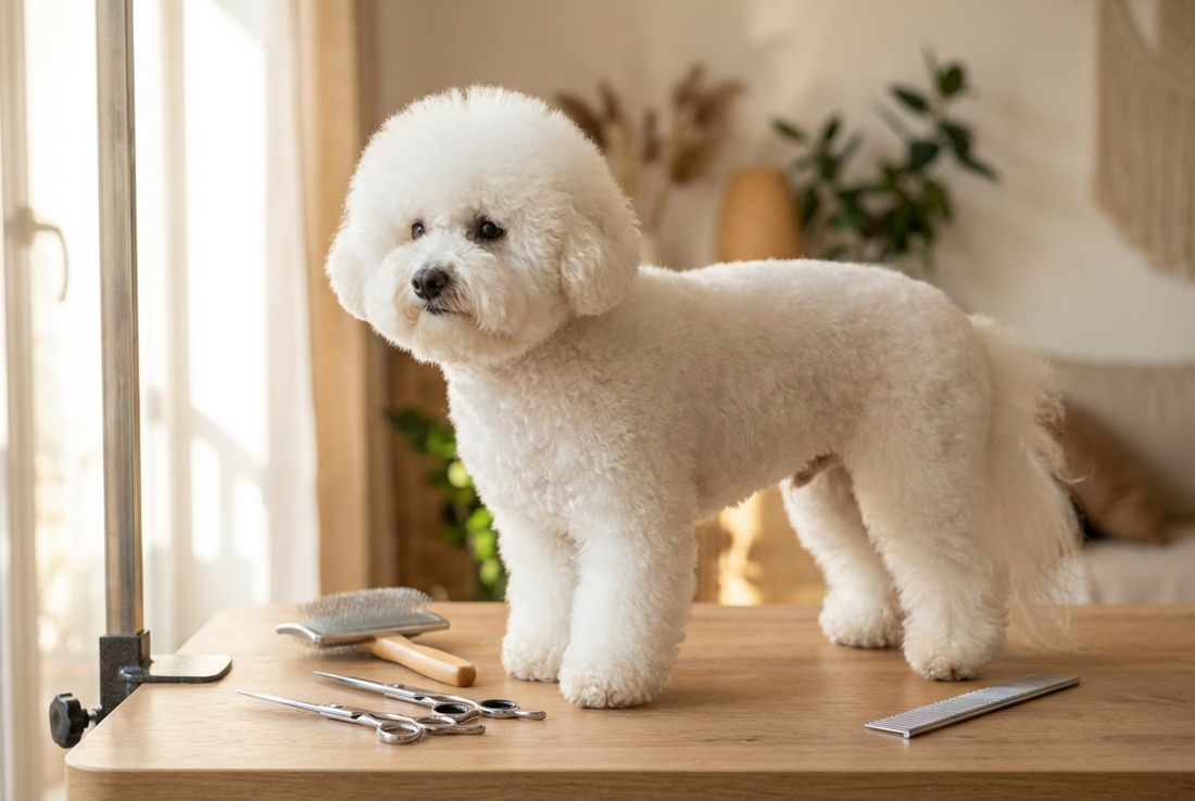 Bichon Frise being groomed, showing the dense curly powder-puff white texture