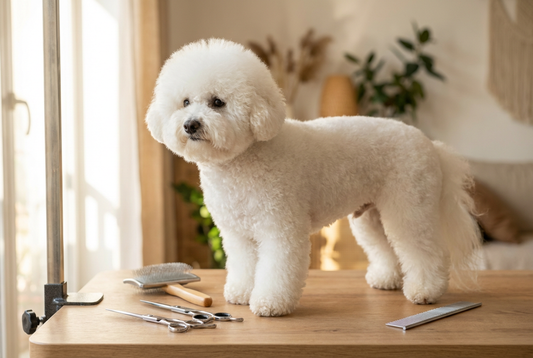 Bichon Frise being groomed, showing the dense curly powder-puff white texture