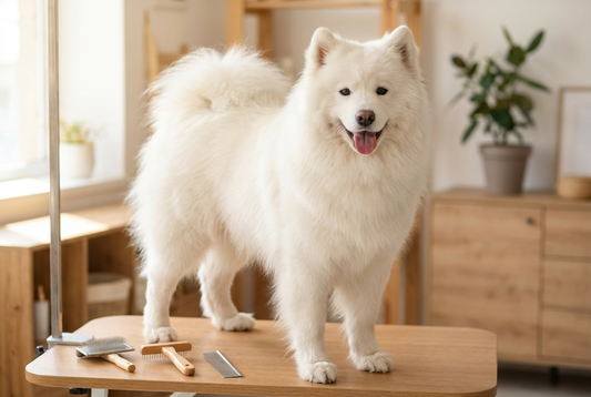 Samoyed being groomed, showing the thick cloud-like pure white double coat with a smiling expression texture