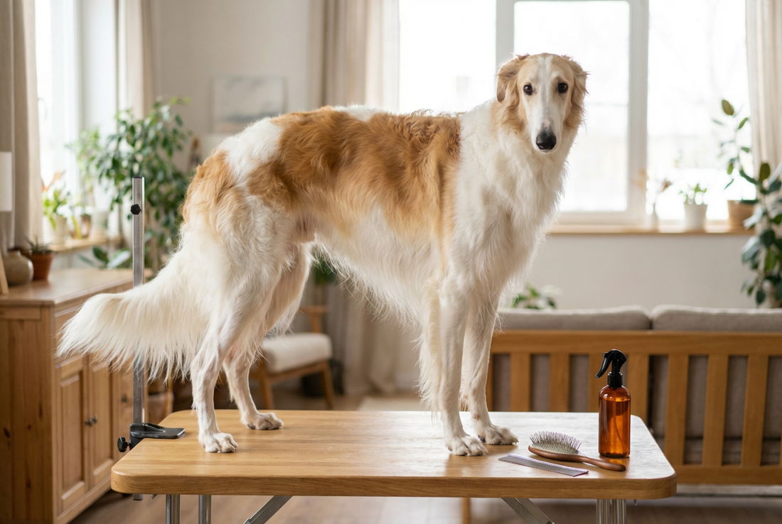 Borzoi being groomed, showing the long silky white-and-tan flowing coat texture
