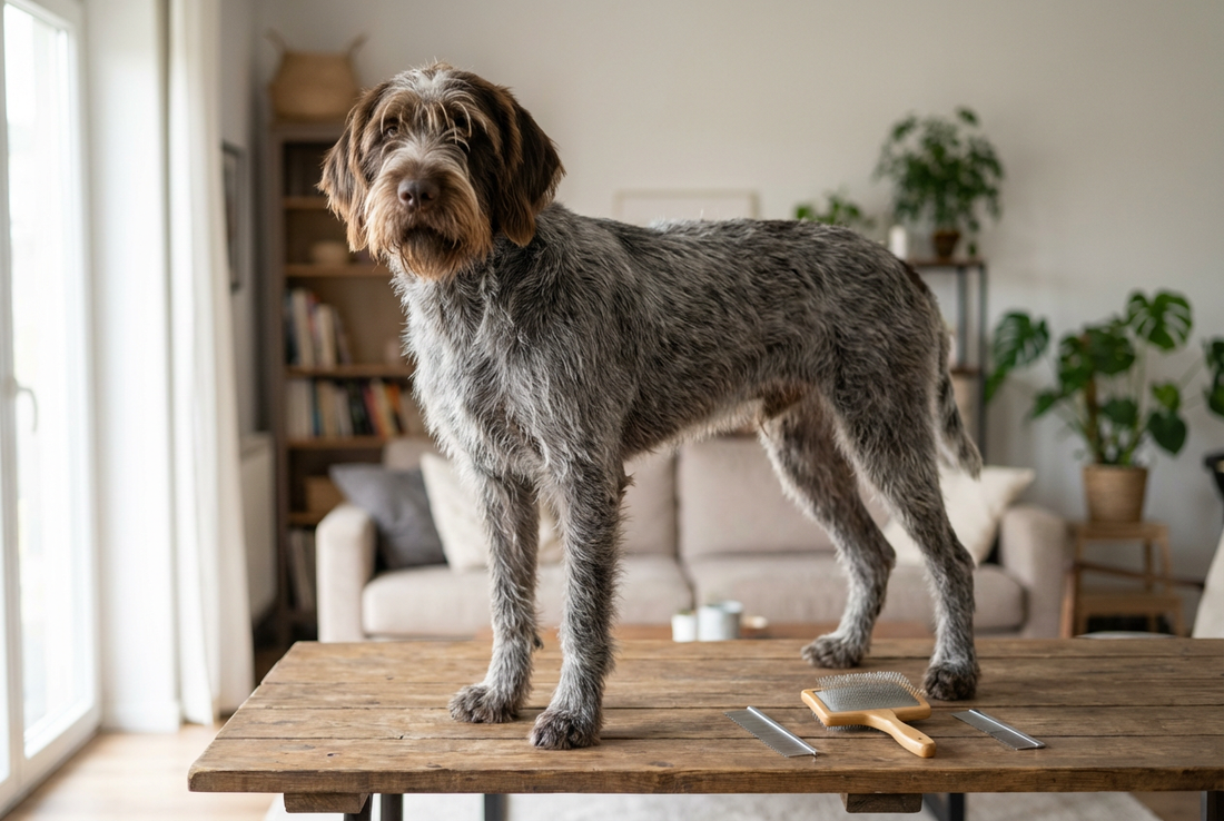 Wirehaired Pointing Griffon being groomed, showing the harsh wiry steel-gray coat with brown markings, bushy mustache and eyebrows texture
