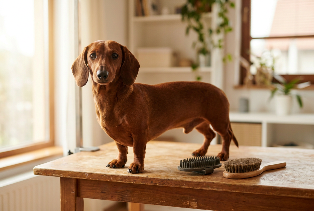 Dachshund being groomed, showing the short smooth rich red coat, long body and short legs texture