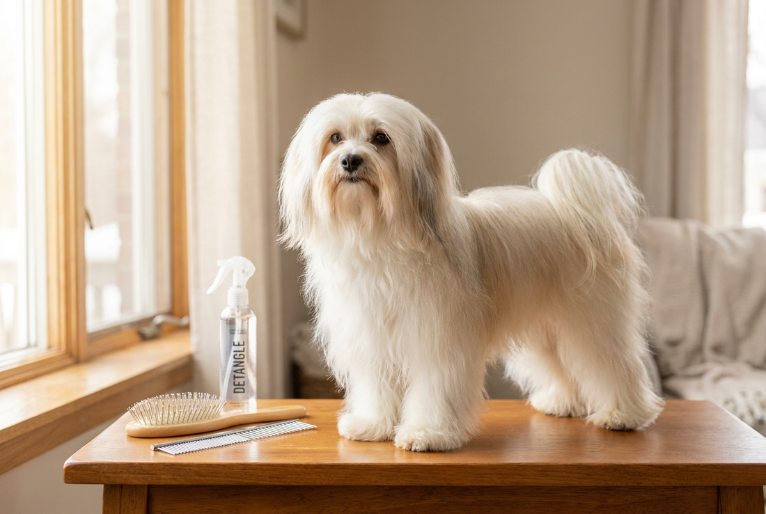 Lowchen being groomed, showing the long silky white-and-cream coat in characteristic 'little lion' clip texture