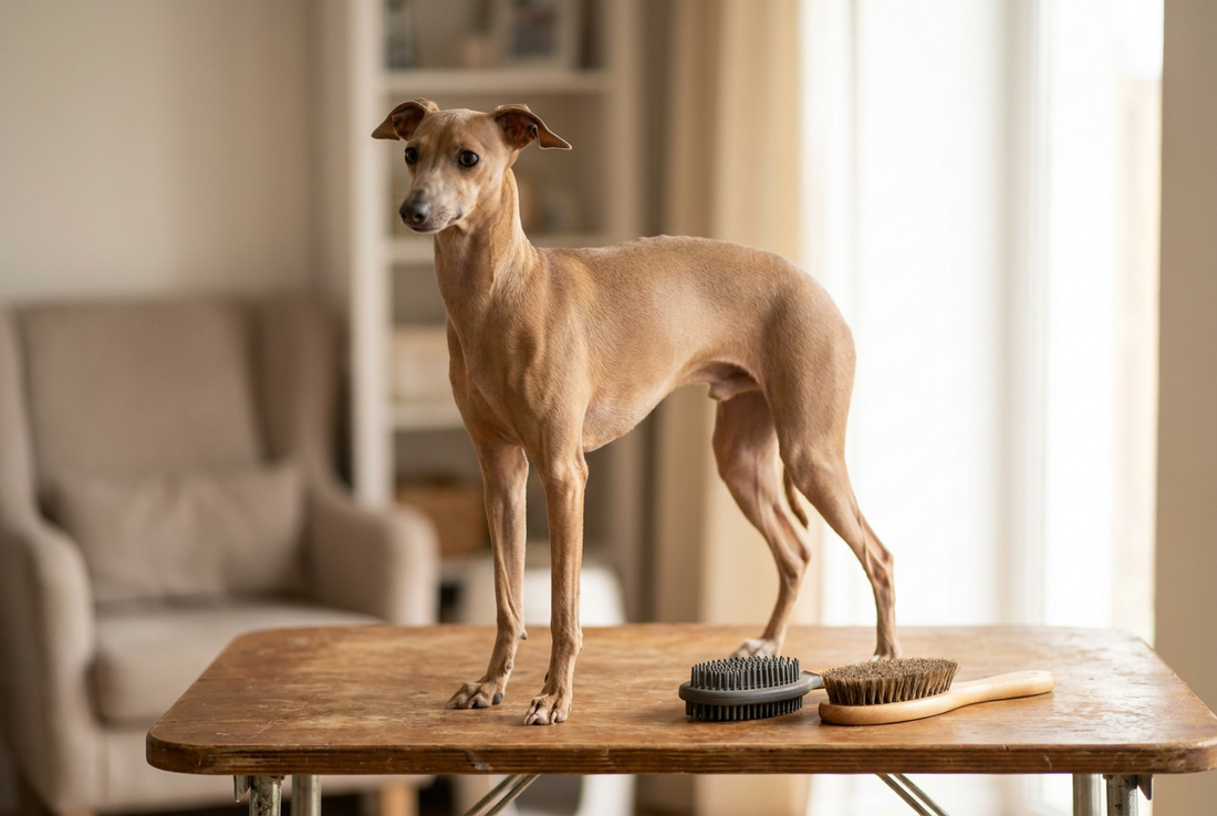 Italian Greyhound being groomed, showing the very short fine fawn coat, miniature sighthound build texture
