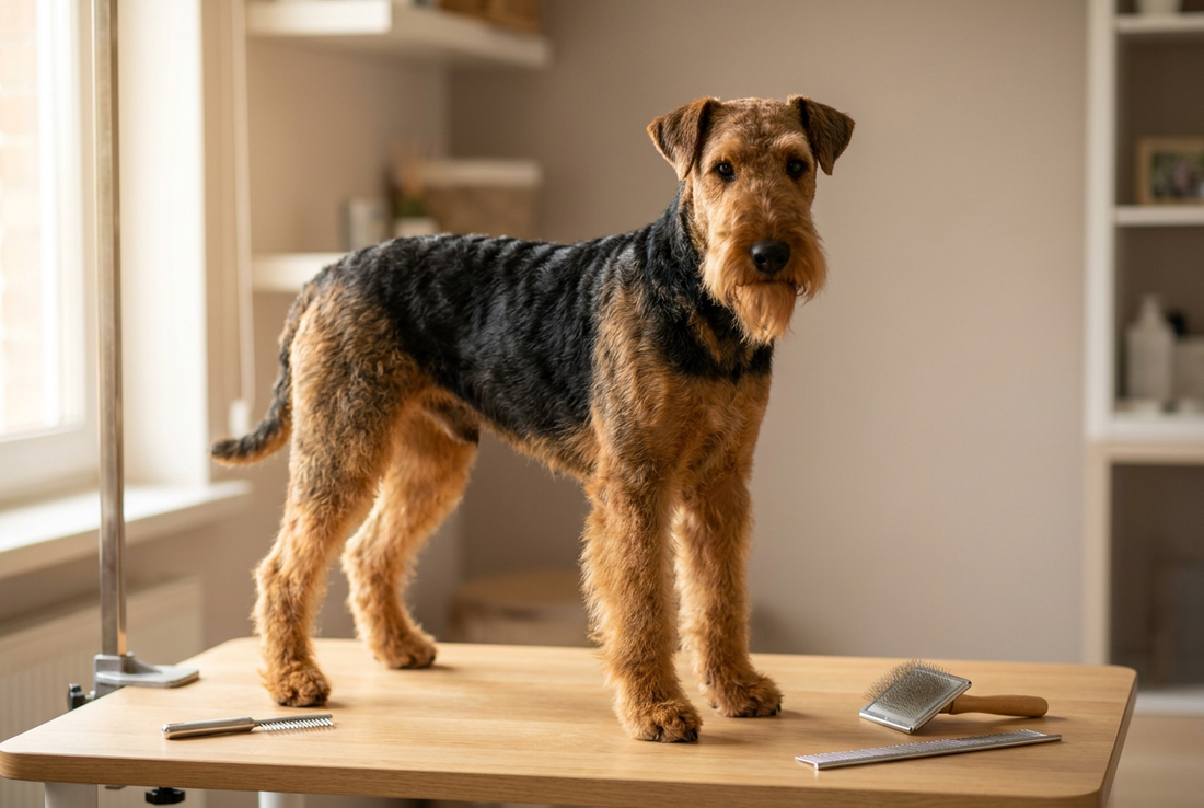 Airedale Terrier being groomed, showing the dense wiry black saddle and tan body with a beard and bushy eyebrows texture