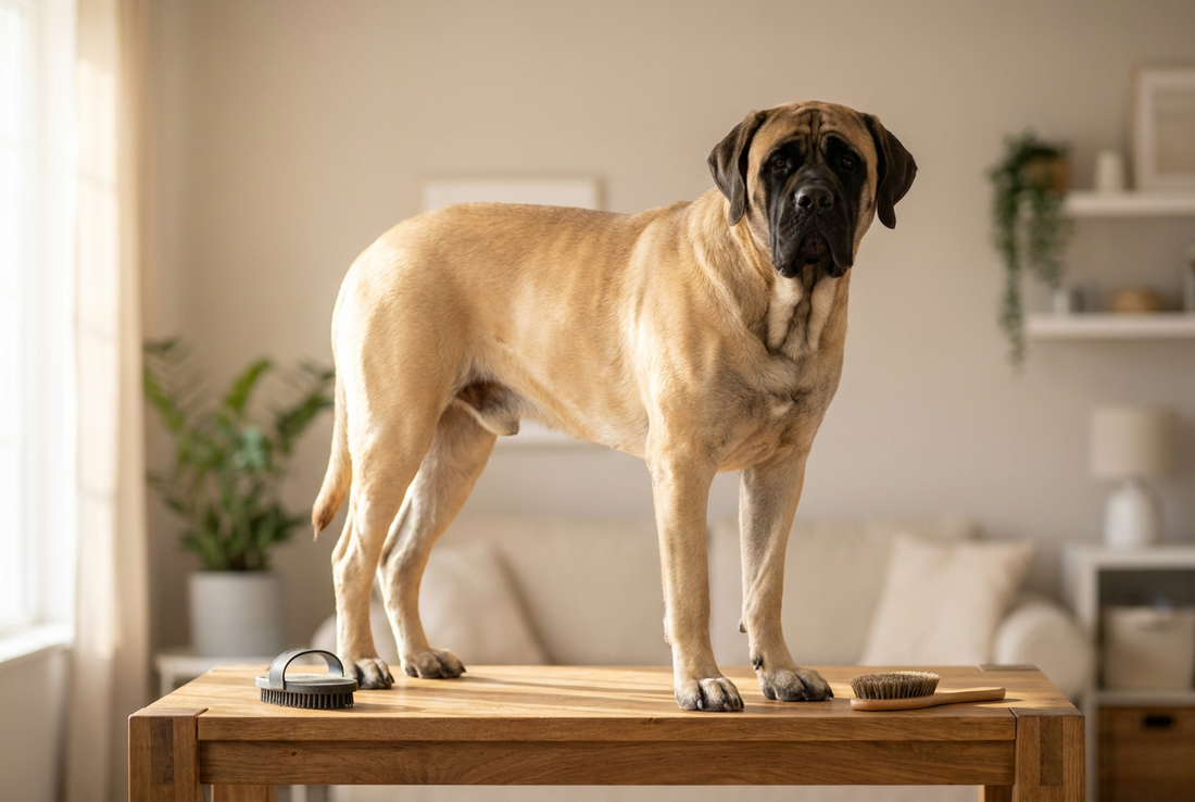 Mastiff being groomed, showing the short dense fawn coat with a black mask, massively heavy-boned frame texture