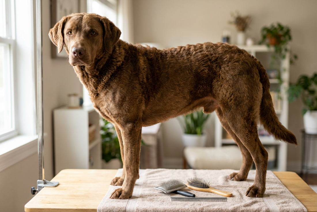 Chesapeake Bay Retriever being groomed, showing the wavy oily brown water-resistant double coat texture