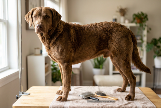 Chesapeake Bay Retriever being groomed, showing the wavy oily brown water-resistant double coat texture