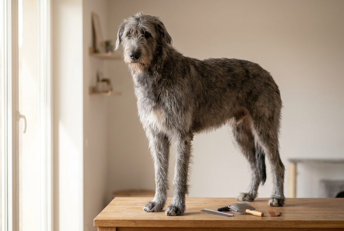 Irish Wolfhound being groomed, showing the rough harsh wiry gray coat, towering massively tall frame texture