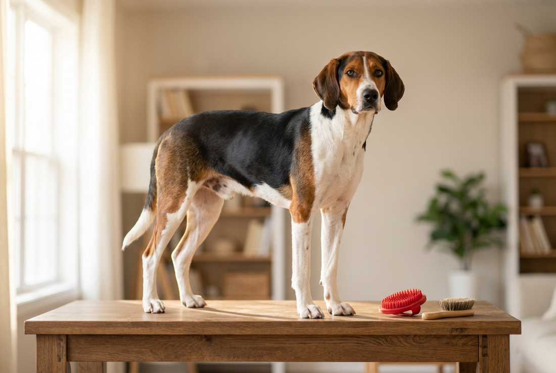 American Foxhound being groomed, showing the short tricolor (black, white, tan) hound coat texture
