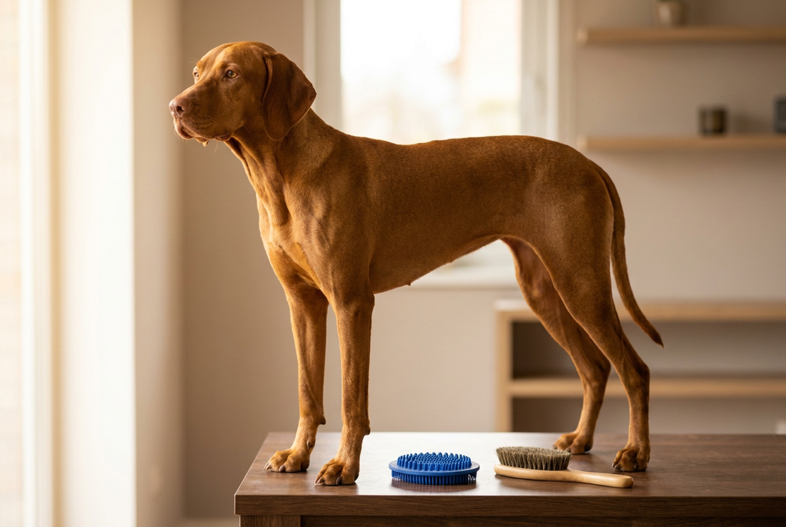 Vizsla being groomed, showing the short uniform rust-golden coat, lean athletic frame texture